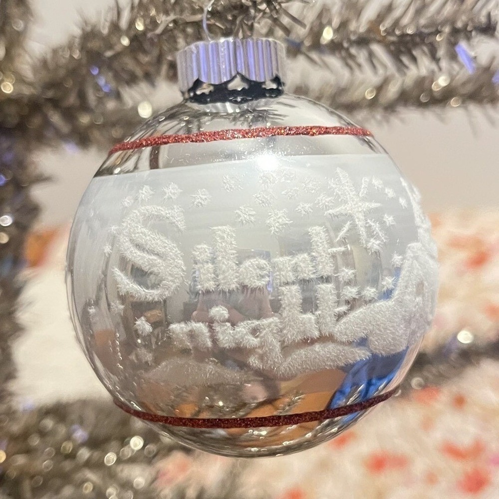 Radko Shiny Brite Stenciled Flocked Ornament Silent Night Church‎ Silver Red MCM